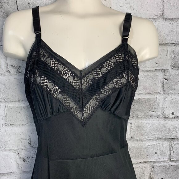 Vintage Babydoll Slip Dress Black Satin Sheer Lace Trim Ruffle Nightgown - Picture 2 of 13